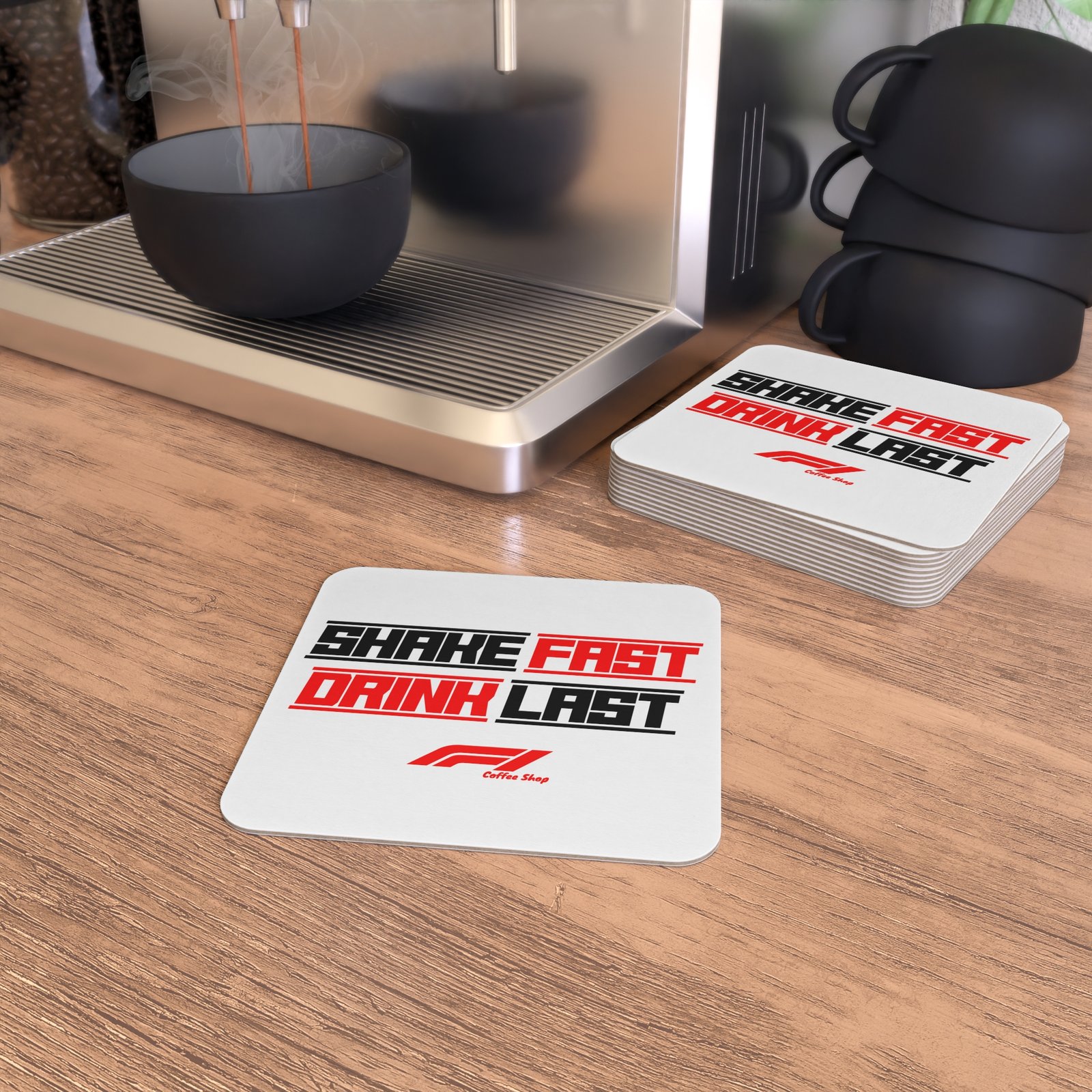 F1 Coffee coasters on the café counter