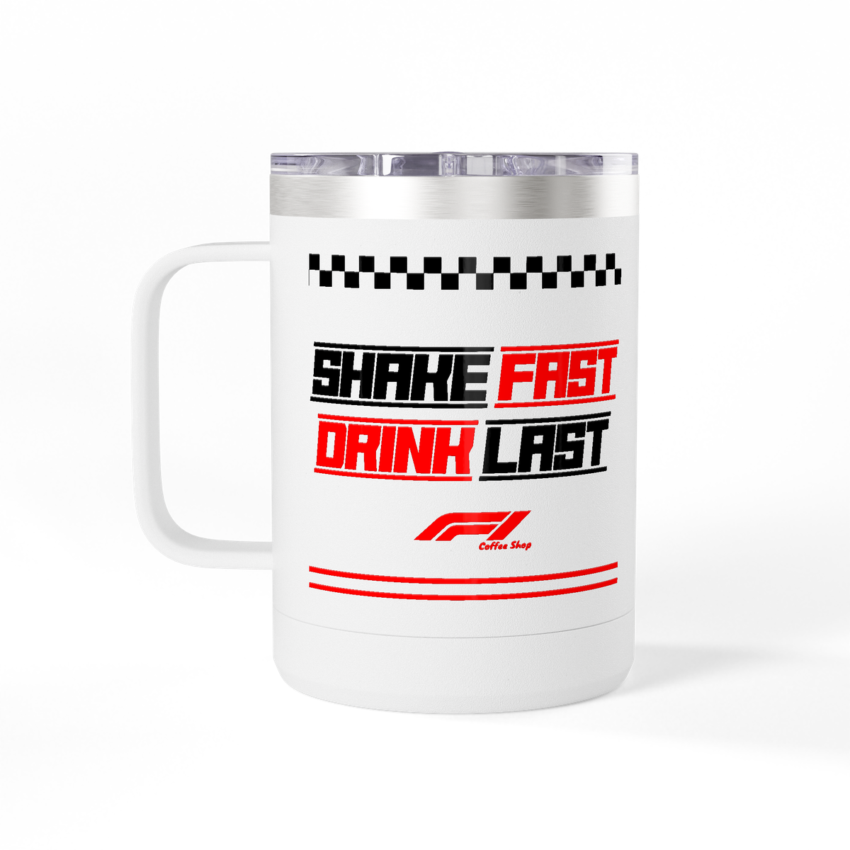 Formula One Coffee Shop insulated mug on black