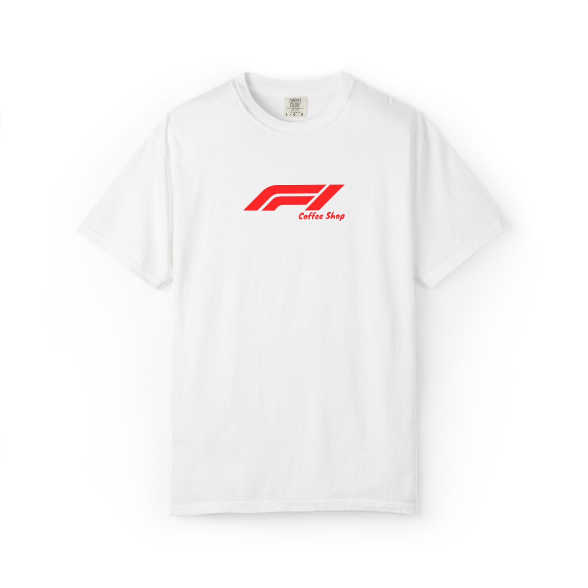 F1 Coffee Shop mark — red on white tee